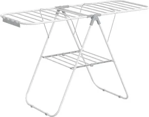 SONGMICS Clothes Drying Rack, with Sock Clips, Metal Laundry Rack, Foldable, Space-Saving, Free-Standing Airer, with Height-Adjustable Gullwings, Indoor Outdoor Use, White and Gray ULLR052W02