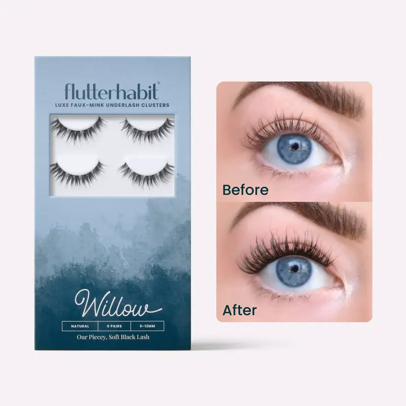 FlutterHabit Willow 6-Pack DIY False Eyelash Extensions 5-12mm Classic B/C Curl Mixed Black Brown Under Lash Application Method