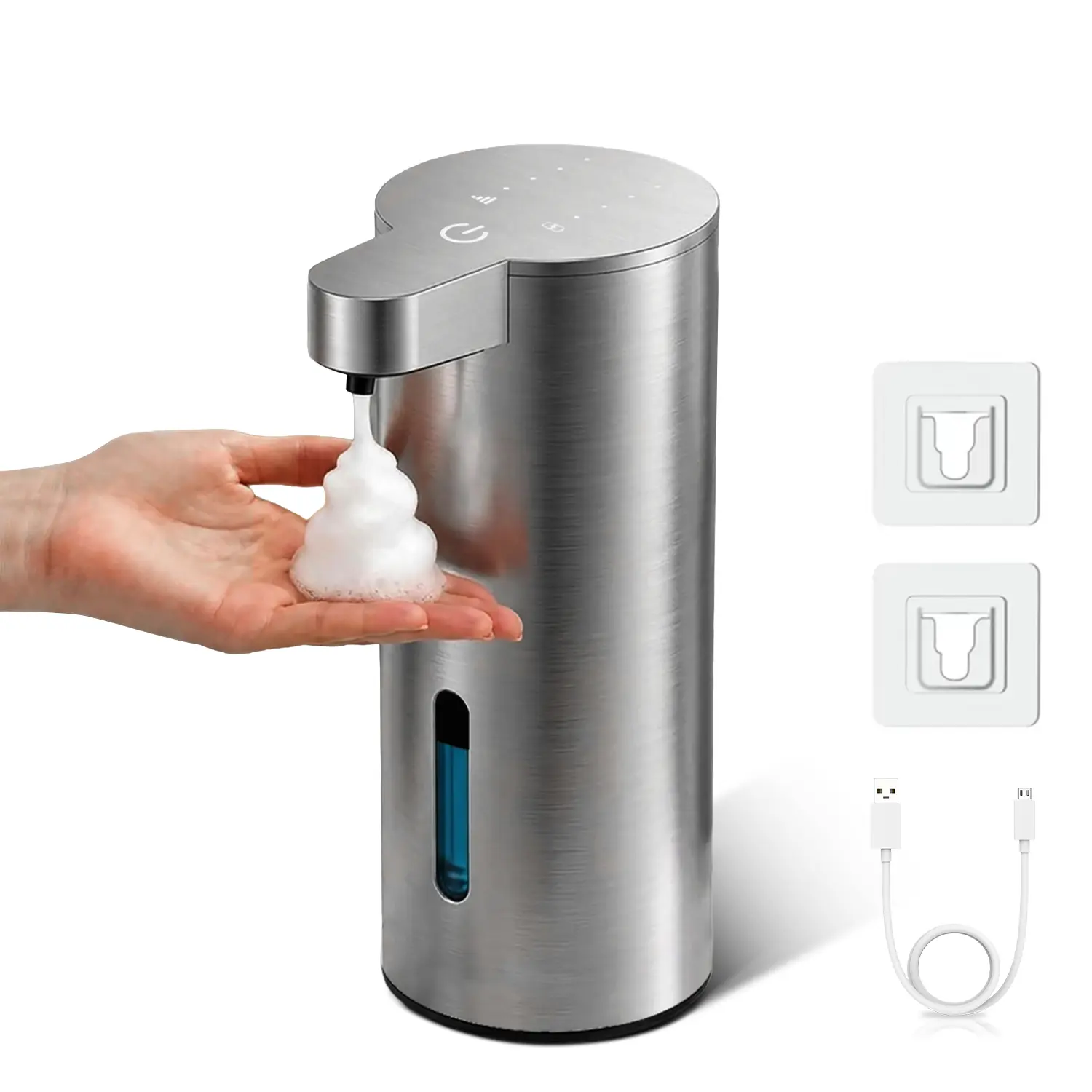 Stainless Steel Automatic Foaming Soap Dispenser, 360ML Large Visible Liquid Tank, IP67 Waterproof, Type-C Rechargeable Last 90 Days, Wall Mount & Countertop Dual Use, Works for Foam Soap / Diluted Liquid Soap for Bathroom, Kitchen, Hotel, Hospital