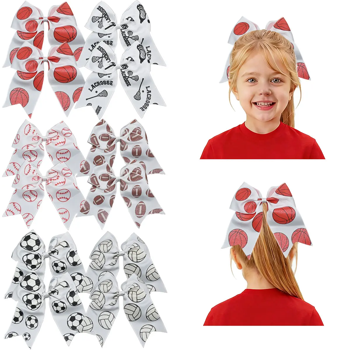 JoyBowie 12pcs Sports Hair Bows for Girls  Multi Sport Print Ribbon Bow Clips & Hair Ties | Baseball Basketball Football Tennis Game Day Accessories for Toddlers Kids