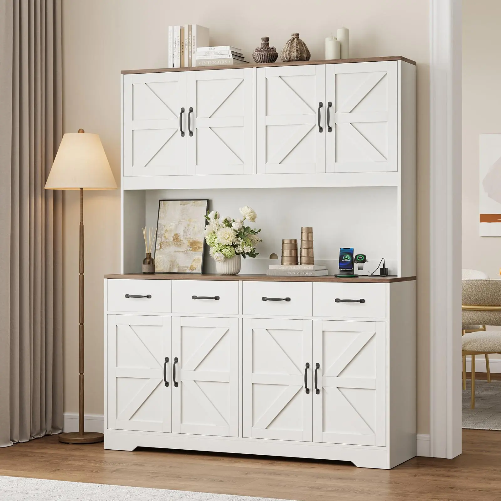 FUSOU Modern Farmhouse Pantry Cabinet - 71" Tall 55" Wide Freestanding Kitchen Hutch Cabinet with USB Charging Station, Adjustable Shelves, 4 Drawers, 6 Barn Doors, Open Countertop, White Interior Storage Furniture (2-Package Shipping)
