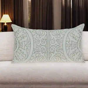 HomeRoots 529263 14x24 in. Beige & Green Linen Bar-Shaped Lumbar Throw Pillow, Embroidered, Bedroom Decorative Pillow