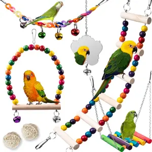 Bird Toys for Parakeets 7Pcs Wood Parrots Budgie Cage Accessories Bird Perch Swings for Small Conure Cockatiel Toys Bird Ladder Swing for Parakeets Climbing 18'' Safe Natural Colorful Cheery Durable Quality