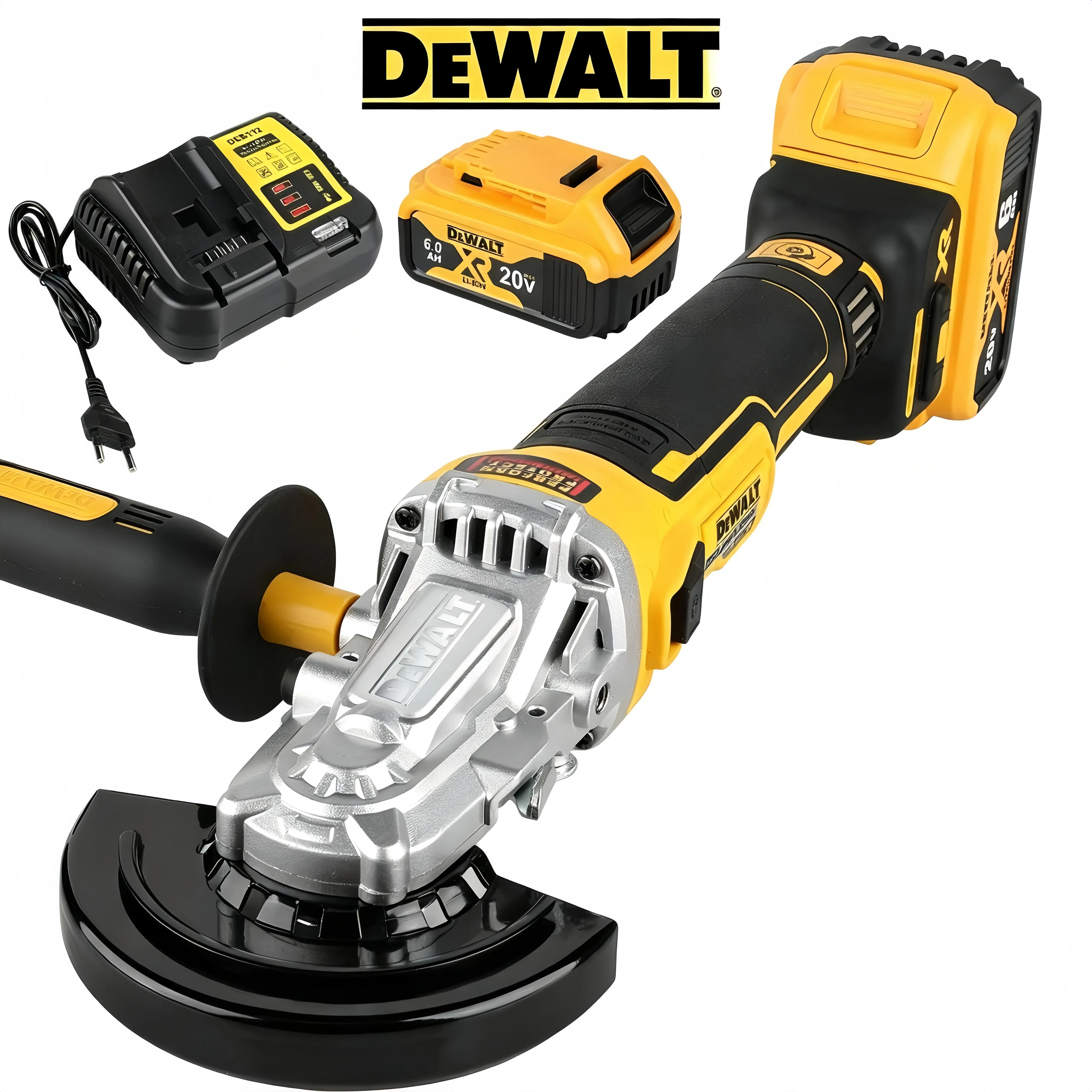 DEWALT DCG405FN 20V MAX Brushless Cordless Angle Grinder - 5 in (125mm) Flat-Head, 9000 rpm max, Electronic Brake, E-Clutch, Anti-Kickback, Soft-Start, 2-Position Grip Side Handle Set, Rubber Overmold, Bare Tool for Metal Cutting, Narrow-Corner Repair