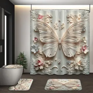 LVRLVR 4Pcs 3D Embossed Butterfly Flower Print Elegant Romantic Beige Shower Curtain Set Bathroom Accessory 70.8×70.8 Inch Bathroom Decoration Accessories