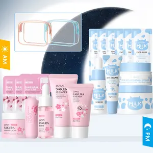 Day & Night Skincare Travel Kit - LAIKOU 14Pcs Sakura & Milk Complete Daily Face Routine Ultimate Glow Kit for Beginners & Teens - Daytime Brightening & Nighttime Repairing Bundle with 2 Waterproof Bags