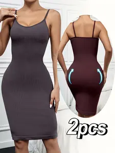 2 Packs Women's Spaghetti Strap Ribbed Knit Bodycon Midi Nightdress Tummy Control Butt Lifter Soft Stretchy V Neck Casual Daily Sleepwear Loungewear