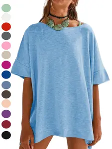 2026 Women's Oversized T Shirts Casual Fit Womenswear Summer Crew Neck Loose Dropped Short Sleeve Side Slit Hem Blouse Tunic Tops