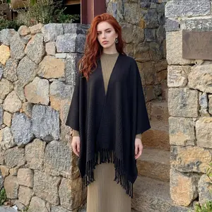 Minimalist Knit Tassel Shawl Cape, Soft Imitation Cashmere Open Front Wrap, Versatile Outerwear
