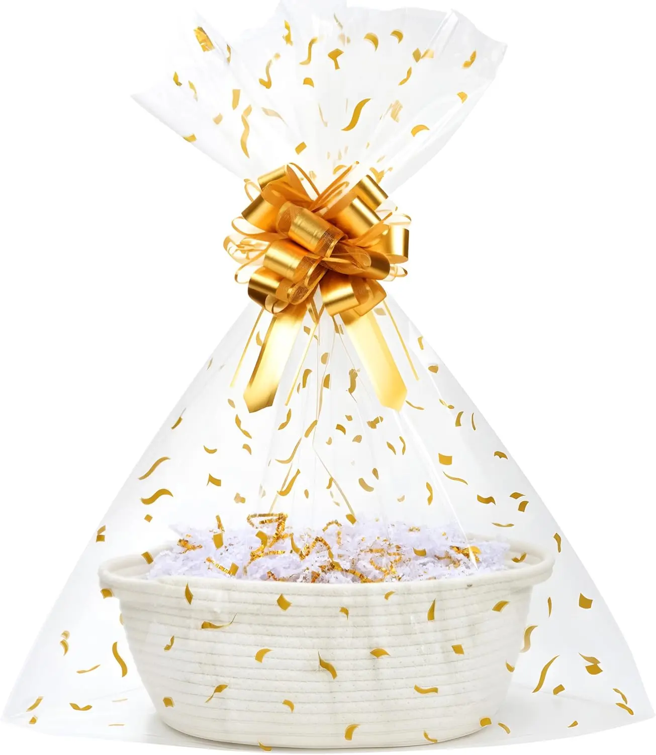 SUNCOLOR Small Woven Cotton Rope Gift Basket Set, 12x8x5 in Durable Storage Basket with Cut Paper Shred Filler, Pull Bow & Cellophane Bag for Happy Birthday, Easter, Baby Shower