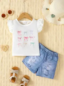 Ready Stock 9m-4y Baby Girls Clothes Bow Pattern Flying Sleeve Tops Ripped Denim Shorts Set 2Pcs White 12502128