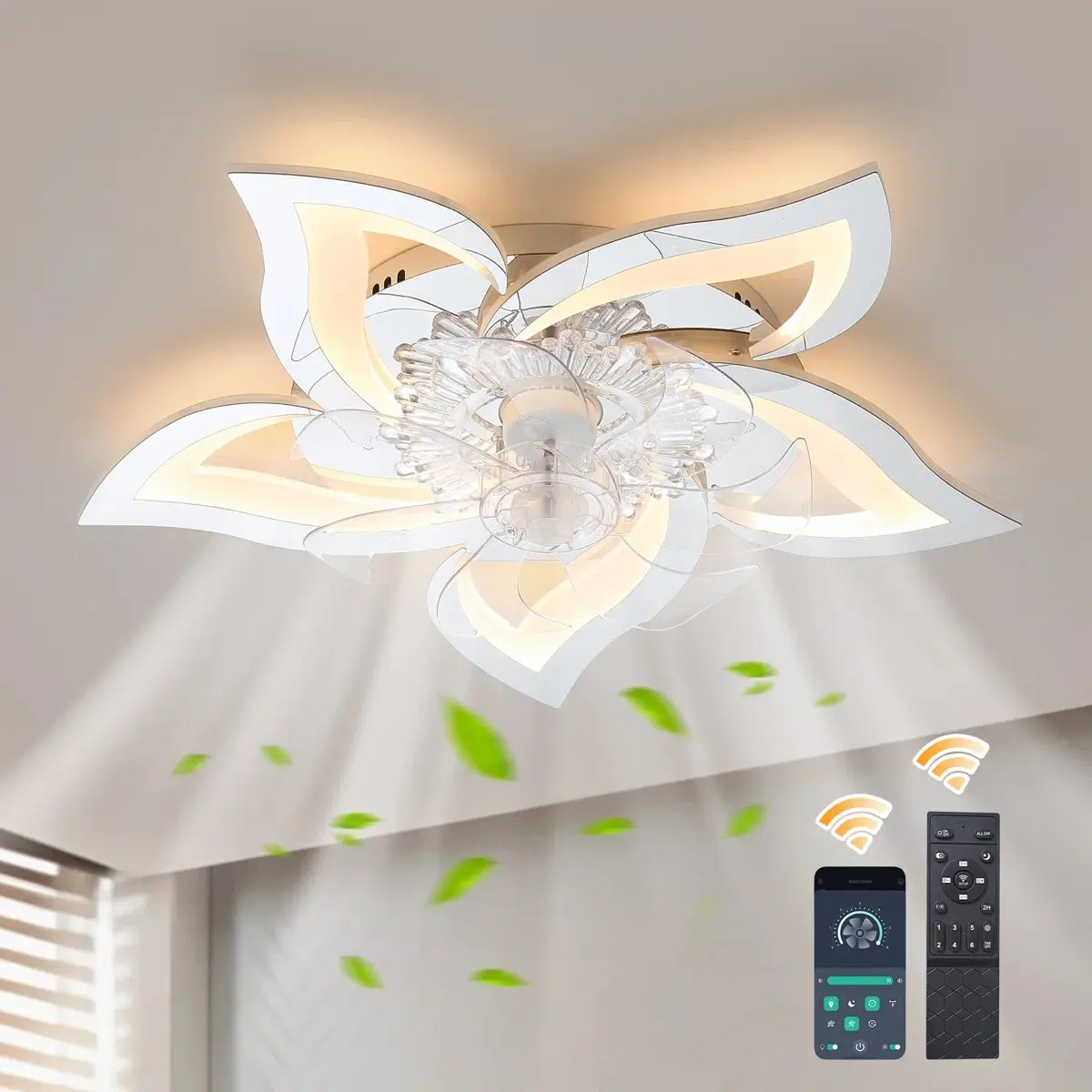 LED Ceiling Flower Ceiling Fans with Lights, Small 24.5 Inch Modern Low Profile Ceiling Fan, Dimmable LED Ceiling Light Fixture, Flush Mount Ceiling Fans with Remote for Bedroom, Kitchen, Indoor Outdoor Lamp Design, lights for bedroom tiktokshopspringglow