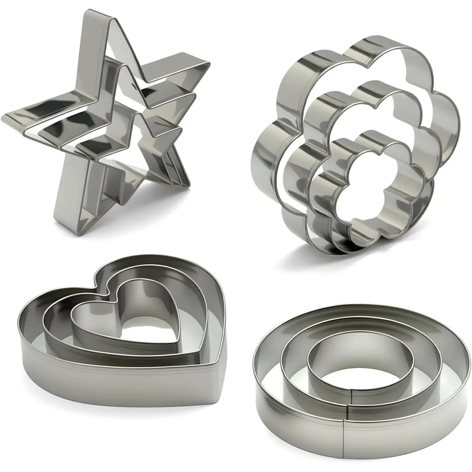 12Pcs Stainless Steel Cookie Cutters Set - Heart, Flower, Round, 5-Star Shapes, Small to Mini Sizes - Metal Kitchen Baking Utensils Molds for Baking, Holiday Party Decorations, Birthday Gift Ideas