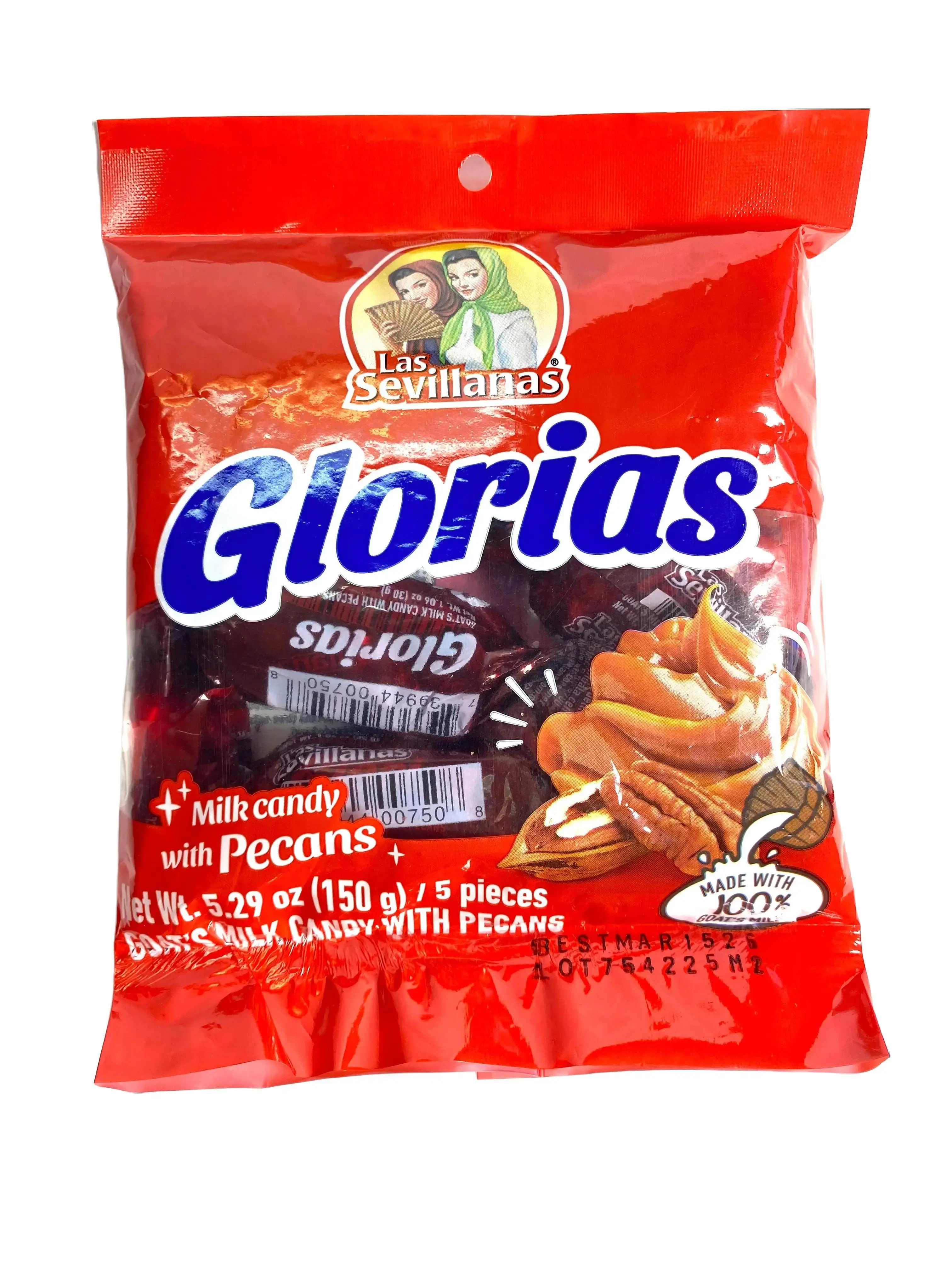 Las Sevillanas Glorias - 5 Pieces - Goat's Milk Candy with Pecans - 115 grams - 5.29 oz - Product of Mexico