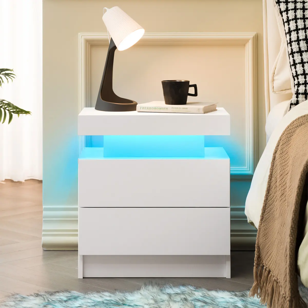 Modern White LED Nightstand - 2-Drawer, Adjustable Multi-Color RGB Lights, Open Storage Bedside Table, Quick Assembly for Bedroom & Living Room