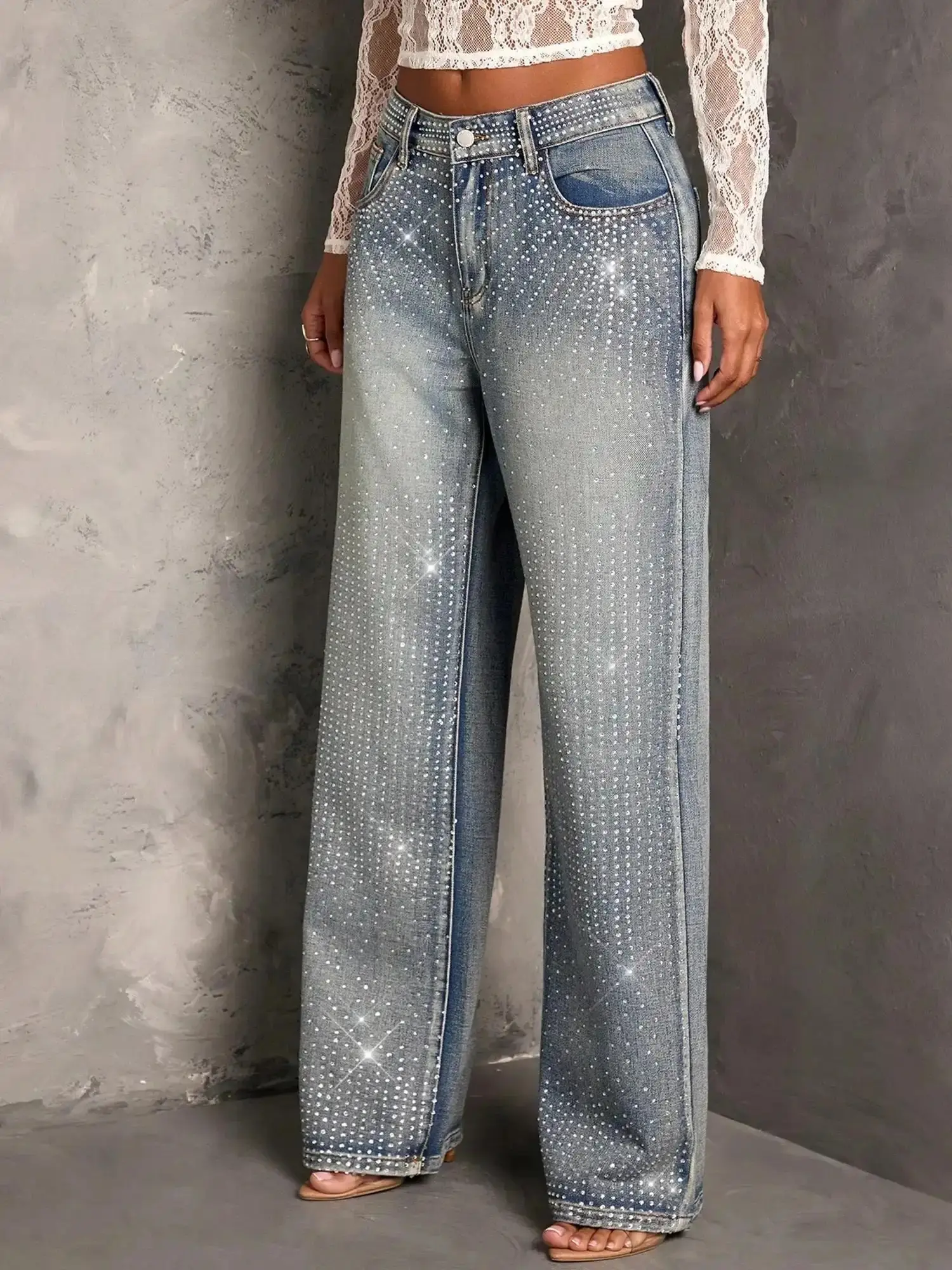Women's Rhinestone Wide-Leg Jeans, Mid-Waist Full-Rhinestone Denim Trousers for All Seasons, Stylish Casual Bottoms, flattering drape, modern proportion, sleek line, tailored comfort