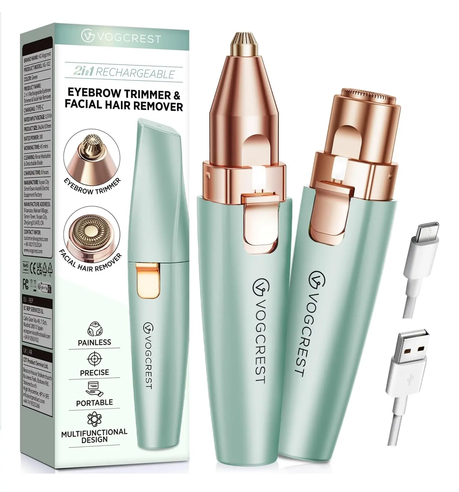 VG VOGCREST 2-in-1 Facial Hair Remover & Eyebrow Trimmer for Women, Painless Precision Cordless Face Shaver with LED Light, USB Rechargeable (Pastel Green), Face Shavers, Portable Shaver