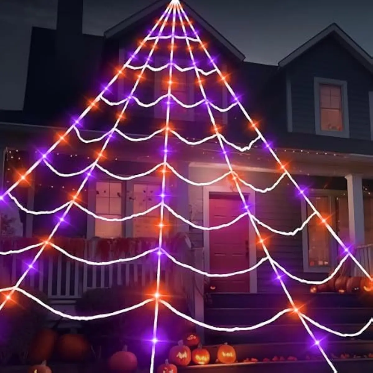 Light-up Halloween Spider Web Decoration Outdoor, 19.7 x 14.7 FT Giant Triangular Web with LED Lights, Timer Cobweb Decor with 8 Lighting Modes for Indoor Yard Porch Haunted House Prop