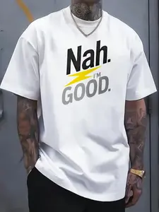 Men's T-shirt with printed pattern featuring the text "Nah I'M GOOD" and lightning design, ideal for casual street-style fashion looks