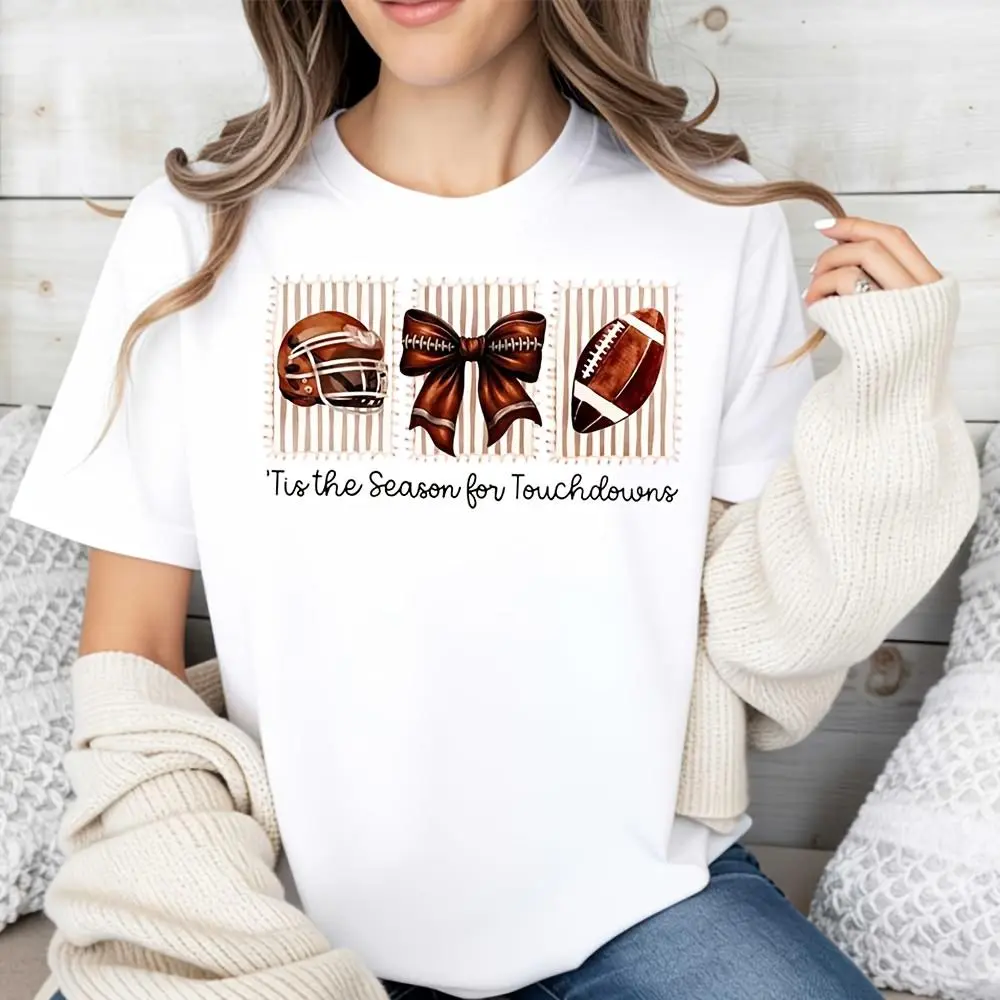 Football Helmet Bow Tie Print Tis The Season For Touchdowns T-Shirt, Fall Football Game Day Cheerleader Gift, Casual Autumn Wear