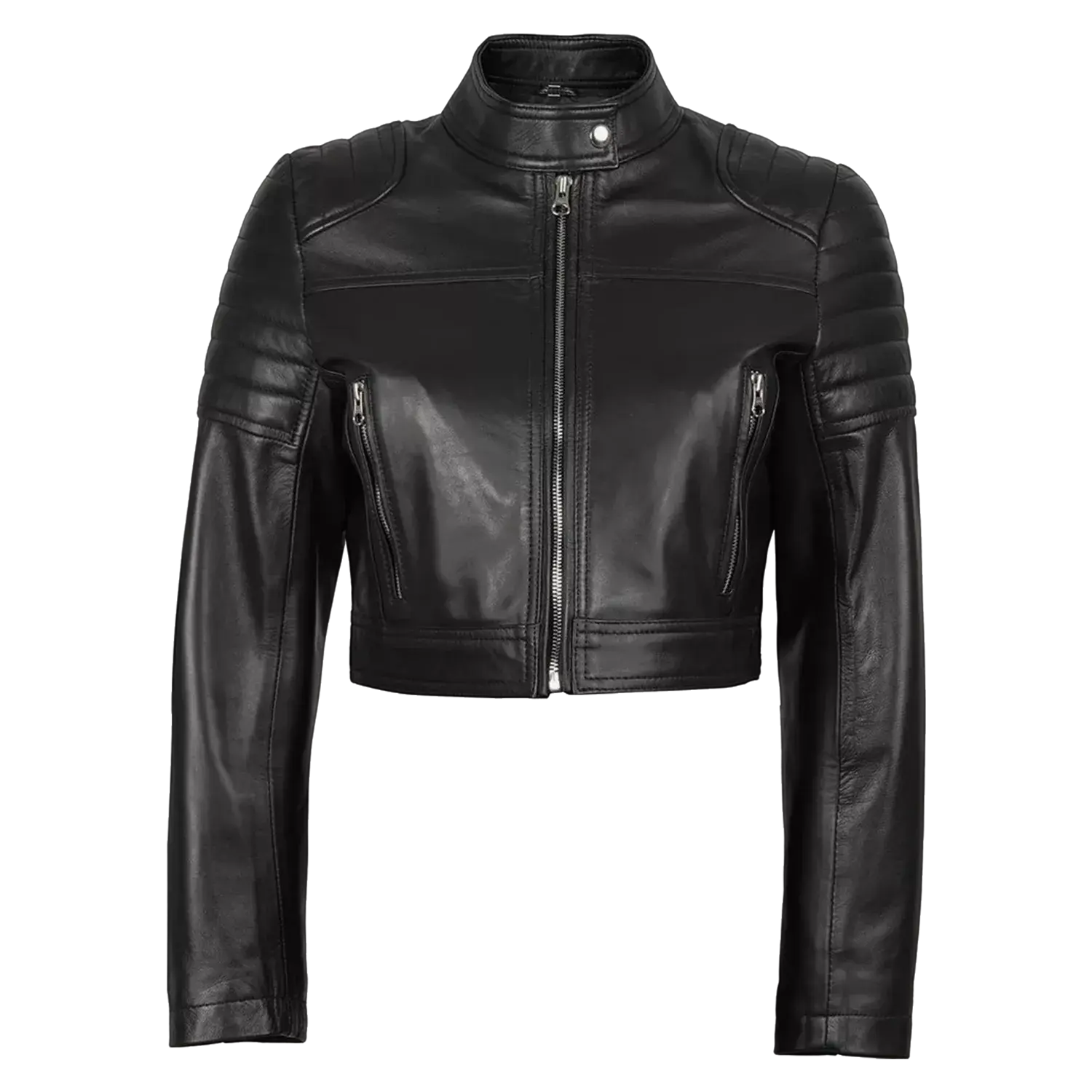 Women’s Black Cropped Leather Biker Jacket | Quilted Shoulder Moto Jacket