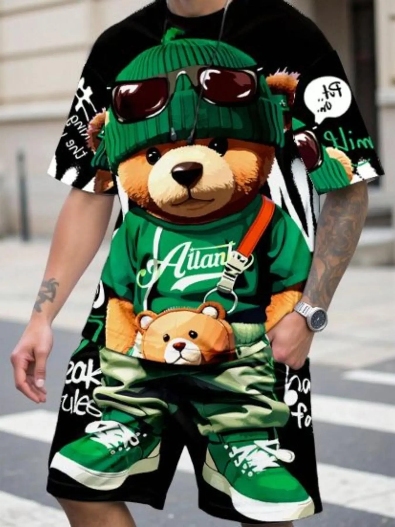 Men's Cartoon Teddy Bear Print T-Shirt and Shorts Set, Two Piece Set, Casual Matching Set, Fitted Short Sleeve Top, Knee-Length Bottoms, Summer Wear