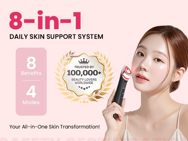 8-in-1 EMS Facial Device for Skin Tightening - Microcurrent Face Massager for Anti-Aging & Firming - LED Light Beauty Wand for Face, Neck & Eye Care - Deep Cleansing & Rejuvenation Tool