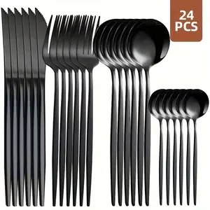 24 Piece Stainless Steel Flatware Set (Serves 6) Gold/Black Dinner Forks, Knives, Spoons, Teaspoons Dishwasher Safe, Suitable for Hotels, Outdoor Gatherings, Holiday Parties