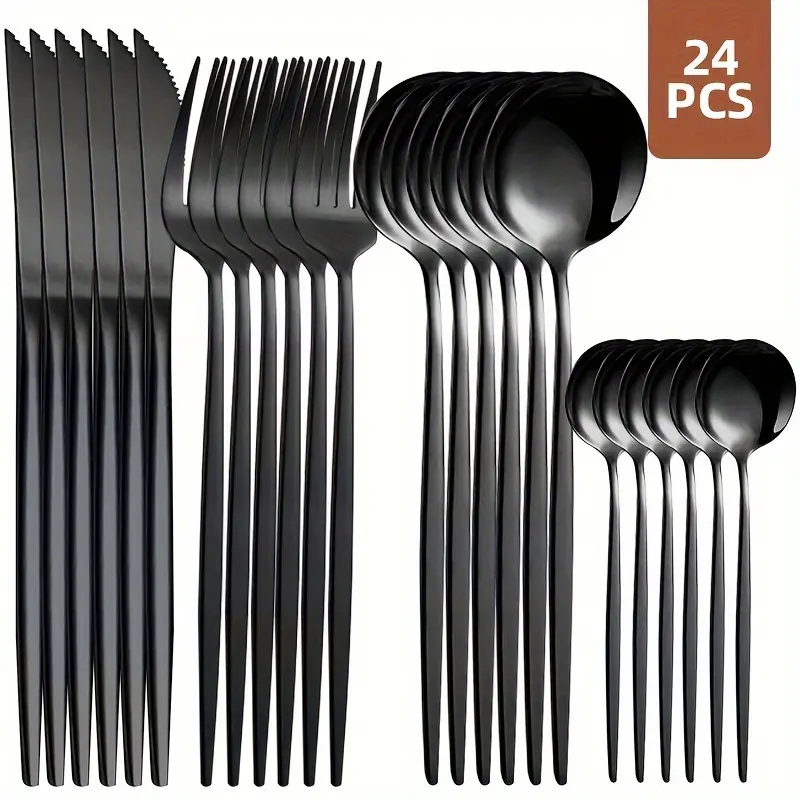 Kitchen 24-Piece Stainless Steel Adult Cutlery Set (Serves 6) - Gold/Black Dinner Forks, Knives, Spoons, Teaspoons, BPA-Free, Dishwasher Safe Tableware for Any Occasion, Outdoor Gatherings