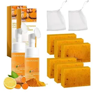 [TURMERIC&KOJIC]Turmeric Wash and Care tow Piece Set, Tuemeric Facial Cleanser & Turmeric Soap Combo, Turmeric Cleansing Mousse, Face Wash and Soap Bundle for Face & Body Deep Cleansing (1pc Turmeric Wash+3pc Soaps)