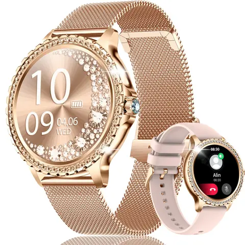 JELLOO Women's Chargeable Smart Watch for Women, Wireless Call (Make & Answer), Music Player, 1.32in HD Screen, 230mAh Battery, Pink Silicone + Golden Steel Strap, Charging Cable, Sports Device for Android Phones (Perfect Gift),techvibes