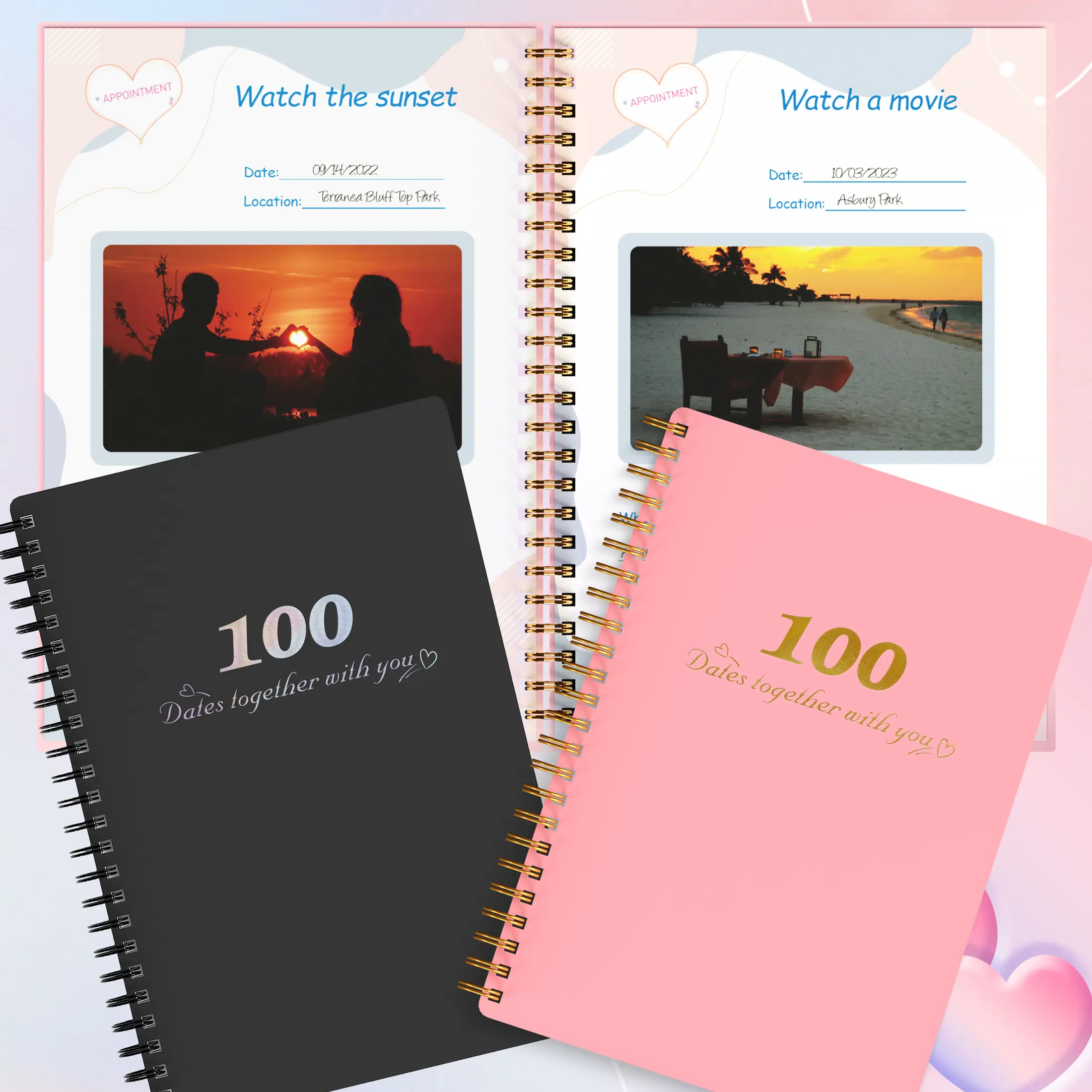A5 Couple’s Planner Notebook, Numbered 100-Activity Keepsake, 100GSM Thick Paper, Twin-Wire Spiral Bound Notebooks, Waterproof Cover, Round Corners, Relationship Record & Fun Ideas, Valentine’s Engagement Gift