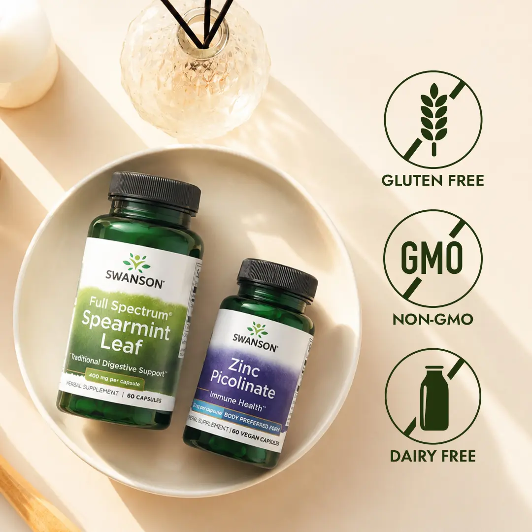 Swanson Zinc Picolinate & Spearmint Leaf Bundle – Clear Skin & Antioxidant Support – Immune Health, Vegan, Non-GMO – 60 Capsules Each (2 Month Supply) Swanson Zinc Picolinate & Spearmint Leaf Bundle – Clear Skin & Antioxidant Support – Immune Health, Vegan, Non-GMO – 60 Capsules Each (2 Month Supply)