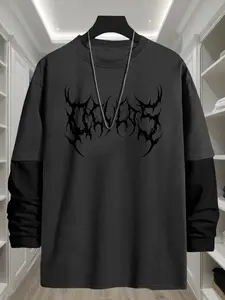 Men's Gothic Letter Print Round Neck Long Sleeve Tee, Casual Fashion Loose Crew Neck T-shirt for Daily Holiday Outdoor Wear, Men Clothes for All Seasons, Hoodie