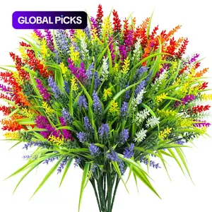 24 Bundles Artificial Flowers for Outdoors, Fake Lavender & Monkey Grass, UV Resistant Faux Plants for Porch Garden Window Box Office Home Decor
