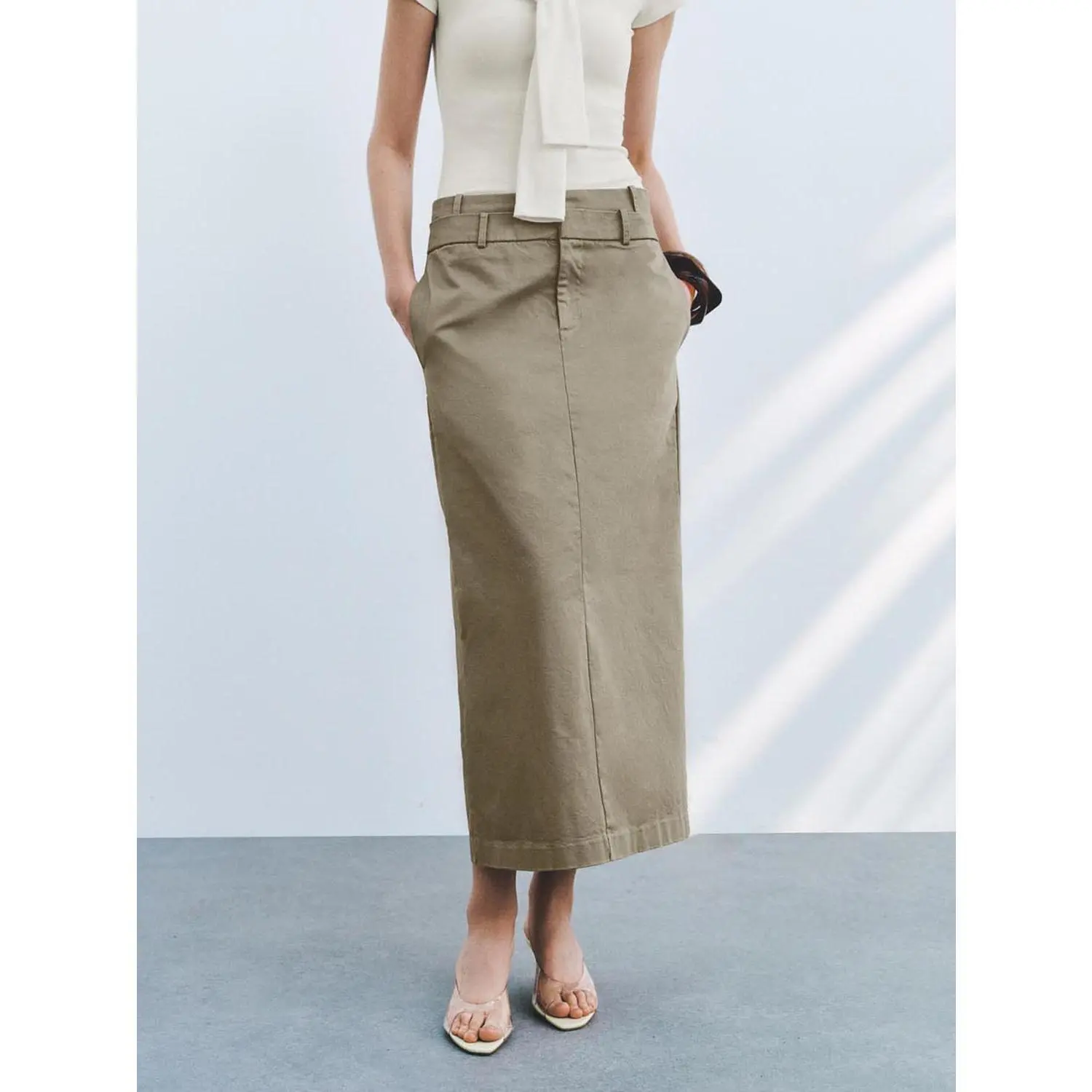 URBAN REVIVO 2026 Women's Contemporary Minimalist Cotton Blend Fitted Straight Long Skirt - Medium Built-in Stretch, Pockets, 90-95 cm Length, Cold Wash, Multi-Size Women's Bottom