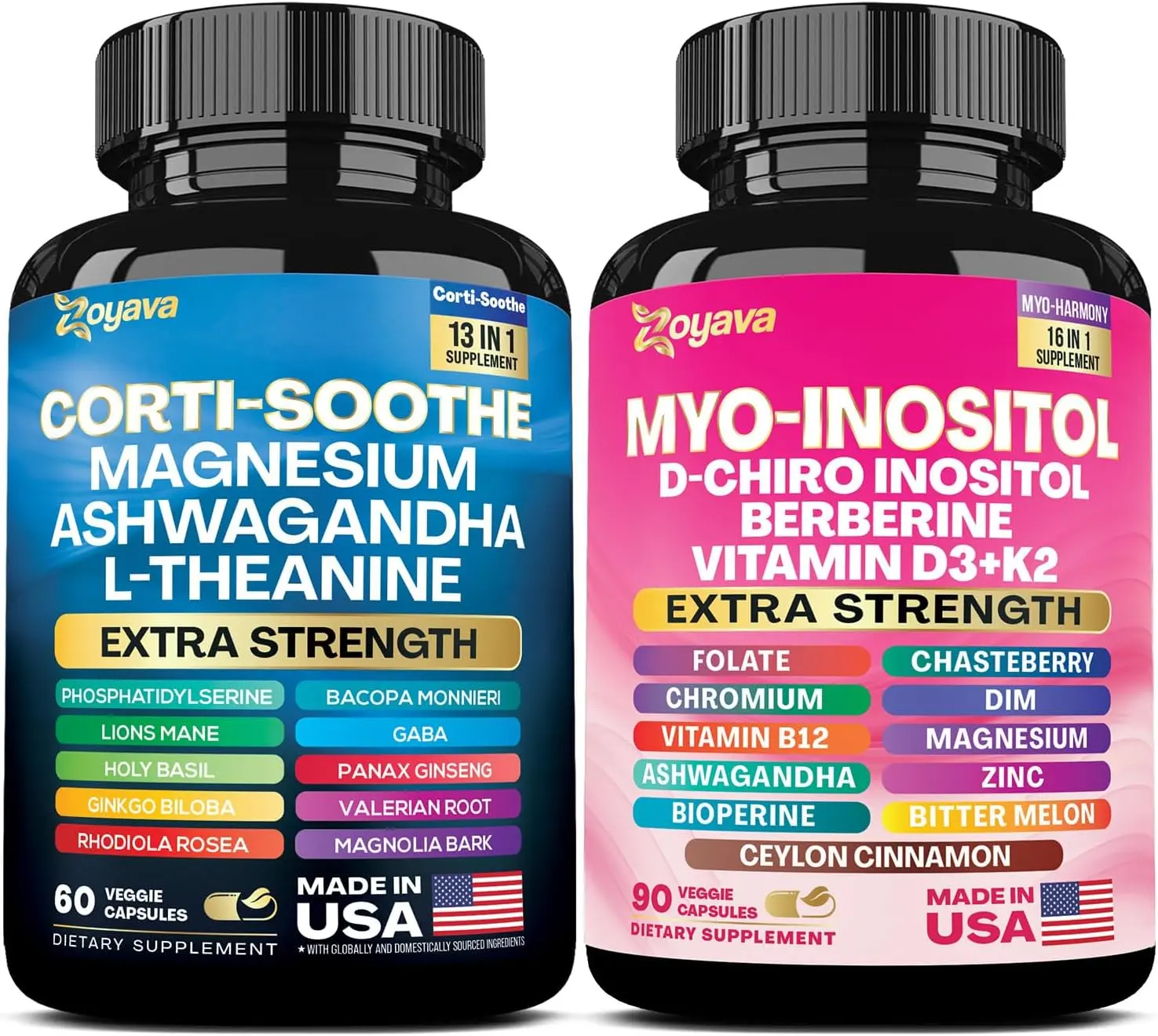 Cortisol & Myo-Inositol Soothe and Smooth Bundle 13-in-1 Cortisol Balance - Magnesium, Ashwagandha, L-Theanine, Phosphatidylserine, Lions Mane, Folate, Berberine, Chromium, Zinc (150 Capsules) Supplement Vitamin Edible Fitness sohochic