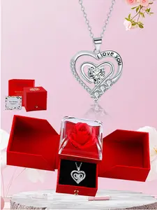 I love you Double Heart Birthstone Cubic Zirconia Necklace Silver Color Adjustable Chain with Sparkling Zircon, Rose Gift Box, Modern Versatile Accessories, Perfect Gift for Mom Wife Girlfriend