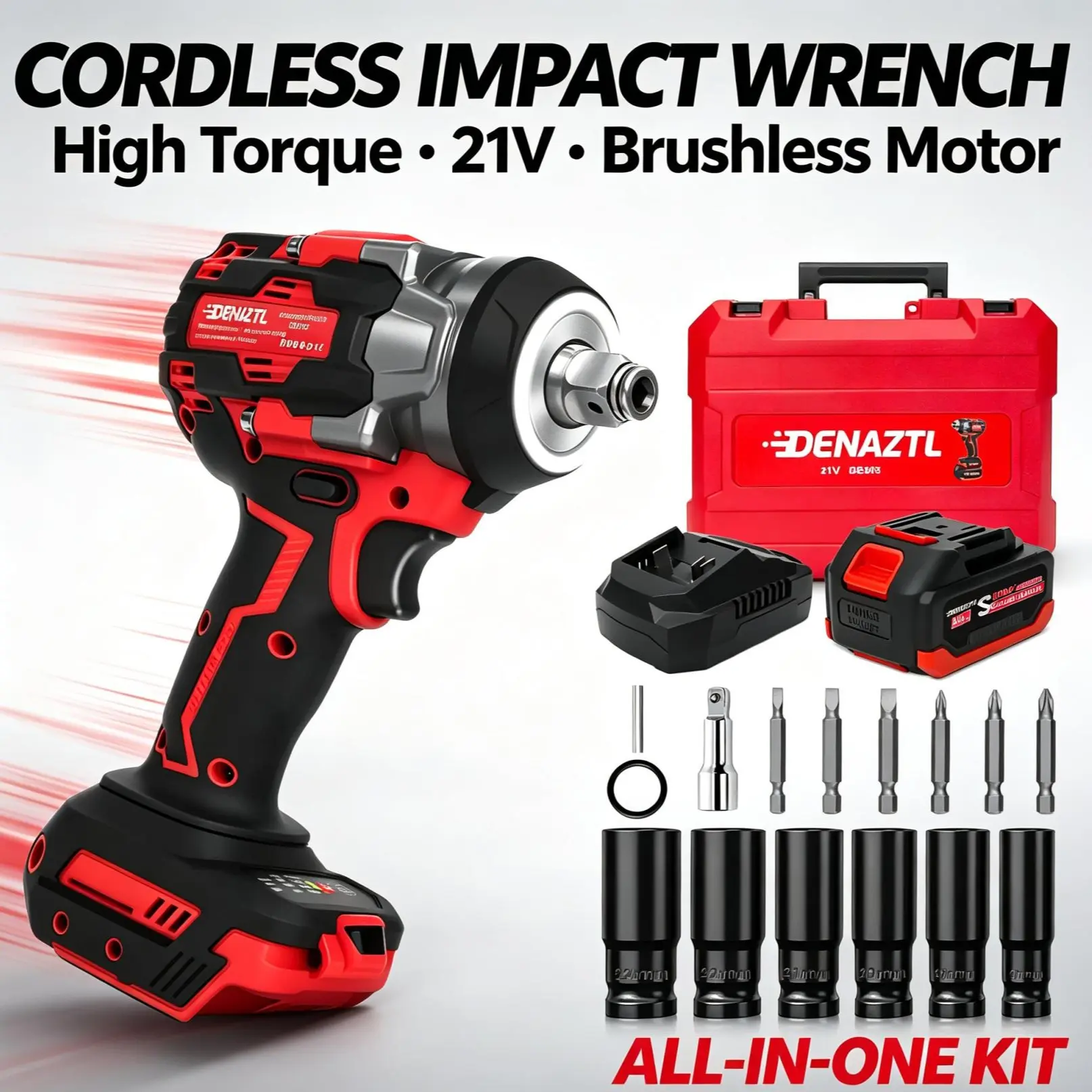 21V Brushless Cordless Impact Wrench Full Kit (21V Model), 1/2 Inch Drive, 450 Ft-lbs (600N.m) High Torque, 4.0Ah Battery, Fast Charger, 6-Socket Impact Socket Set, Carrying Case for Car Lug Nut Work & Family Use truck electric gun 3-in-1