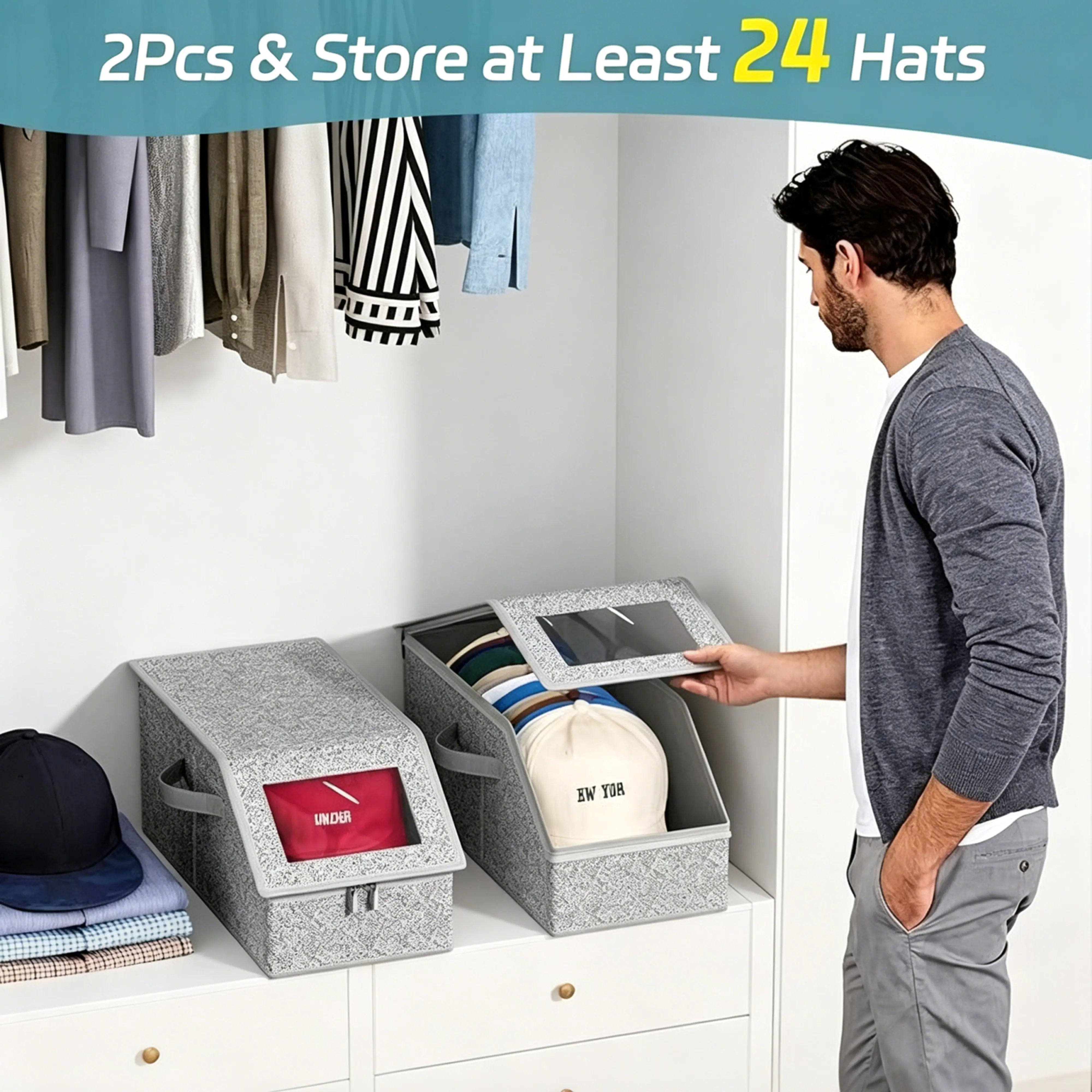 Stackable Baseball Cap Storage Box Durable CardboardOrganizer, Holds 24 Hats, for Closet Decluttering (HomeSupplies Storage Box)