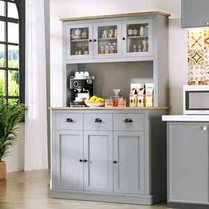 Topwin Gray Microwave Cabinet with 3 Drawers and 6 Doors–Multi-Function Storage Unit for Kitchen,Living Room,or Dining Area Furniture Modern Design