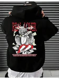Men's Casual Loose-Fit Hoodie with Angel Print, Long Sleeve Thick Fabric, Spring & Fall Fashion, Daily Wear Essential