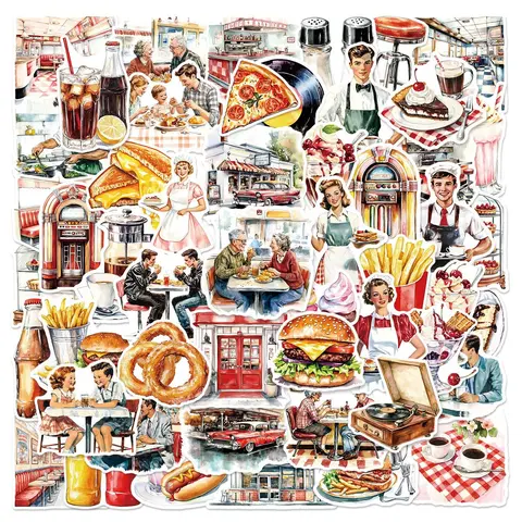 Vintage Restaurant Series Sticker, Retro Restaurant Pattern Durable Decorative Sticker, DIY Decals for Water Bottle, Laptop, Cellphone, Phone Casing, Screen Protector