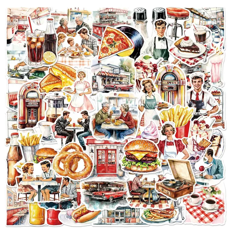 Vintage Restaurant Series Sticker, Retro Restaurant Pattern Durable Decorative Sticker, DIY Decals for Water Bottle, Laptop, Cellphone, Phone Casing, Screen Protector