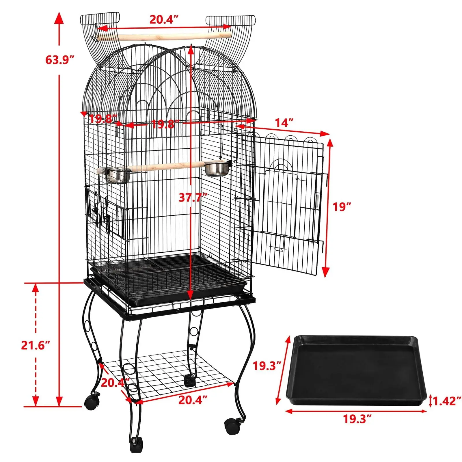 Segawe Open-Top Rolling Dome Birdcage - 20.4x20.4x63.9 Inches Coated Metal Frame, Detachable Portable Base, Organized Design, Durable Build, Black, for Quaker Parrots, Bird Supplies
