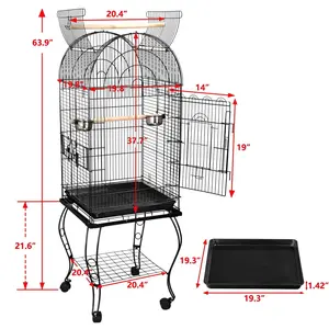 Segawe 63.9" Rolling Dome Bird Cage Open Top Quaker Parrot Metal Frame with Detachable Stand, Black