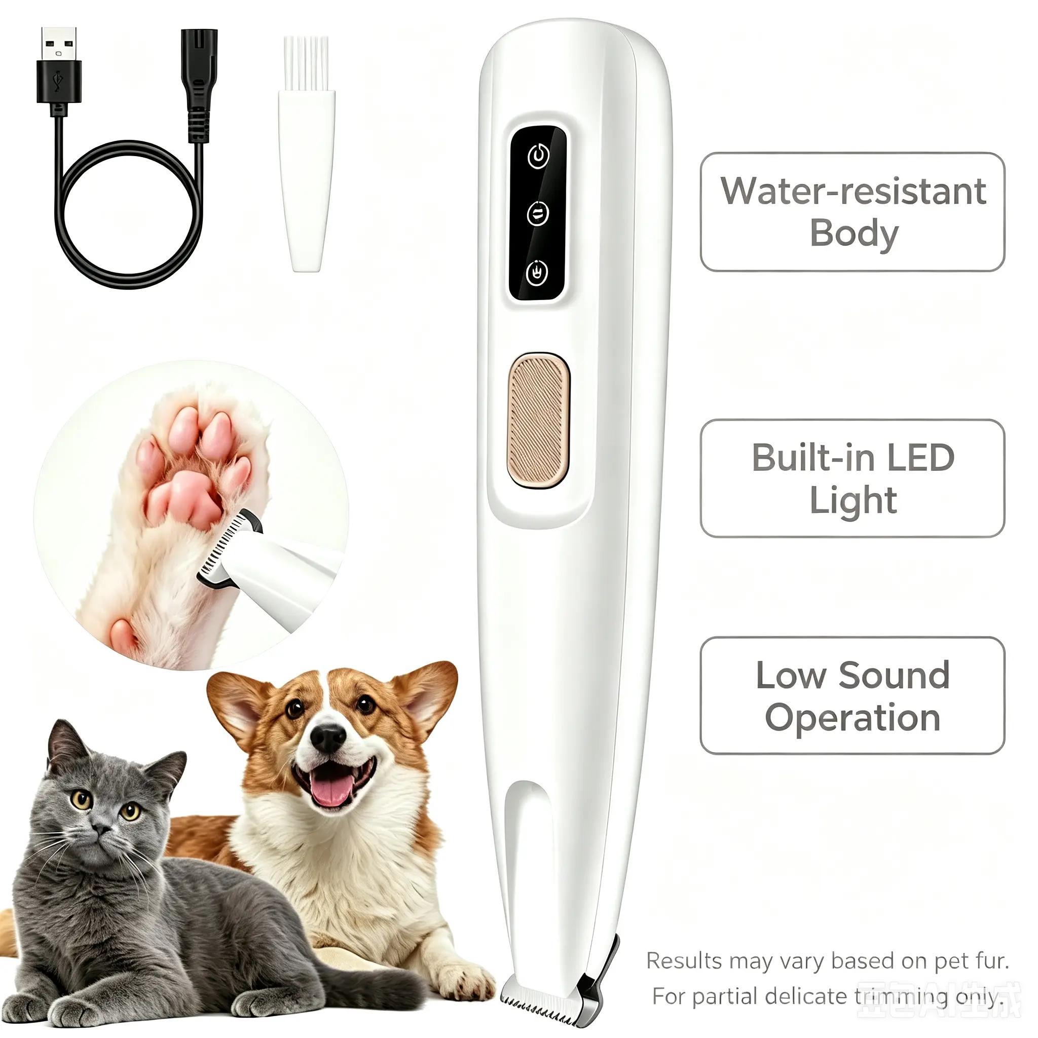 Summer Home Pet Grooming Must-Have, Mini Cordless LED Paw Trimmer, Rechargeable Low Vibration Waterproof Pet Hair Clipper for Small Dogs and Kittens Daily Paw Care