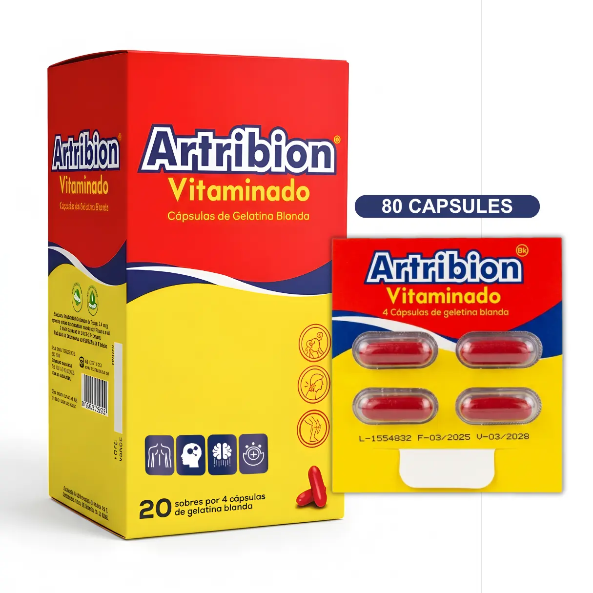 Artribion 80 Días 20 sobres de 4 capsulas Rojo - Antioxidant Dietary Supplement -Vitamin B1, B2, B3 Vitaminado 80 caps