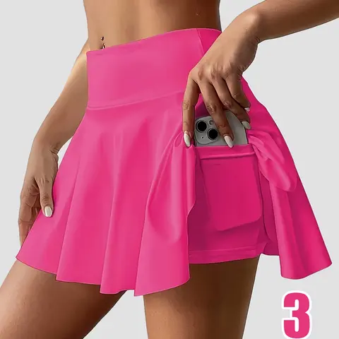 Women's 3-Piece High-Waist Solid Color 2-in-1 Activewear Skort Set - Flowy Stretchy Flared Mini, Cheeky Sports Shorts, Polyester Mix, Basic Style, Pocket Design for Yoga, Gym, Summer Workouts