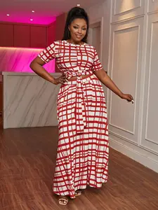Chic Plus Size 2 Piece Grid Print Set, Tie Knot Crop Top & High Waist Flowy Maxi Skirt, Casual Workwear, Multiple Color Options, Clothes
